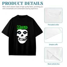 Lightweight Misfits Green Skull Logo Men' S T- Shirt - Casual Cotton Crew Neck, Machine Washable, Ideal For Fans & Gifts Edgy Style With Knitted Texture Short Sleeve, Black With White Graphic PrinClassic Pure Cotton Basic T- Shirt - 黑色 - 查看 6