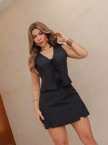 Women's Vest Skirt Shorts Set SP015 - 黑色 - 查看 2