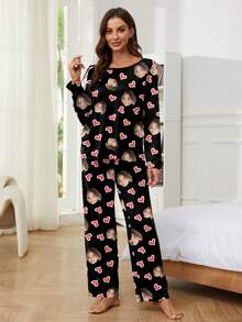 Printstory Customized Women's Pajama Set, Unique Big Head Photo, Couple Face Replacement, Holiday Atmosphere - Black - View 4