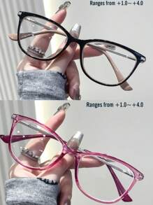 Gafas de lectura unisex, nueva moda con montura de plástico cristalino bicolor con decoración de remaches metálicos, disponible en 3 colores, con bisagras de resorte, aptas para deportes, ordenador y uso diario para aliviar la fatiga ocular, ajuste cómodo para diversos tipos de rostro. Disponible en 7 opciones de dioptrías: rosa, verde, marrón.