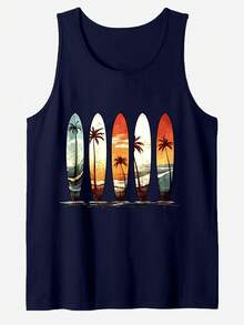 GRDR Men's Vacation Casual Narrow Shoulder Coconut Tree Print Tank Top - Navy Blue - View 2