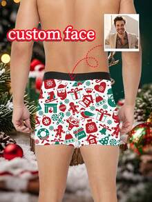 Calzoncillos bóxer blancos para hombre con estampado personalizado de cara, estampado de muñeco de nieve y hombre de jengibre de dibujos animados navideños, ropa interior personalizada con foto, regalo de Navidad para novio/esposo - Blanco - Ver 6