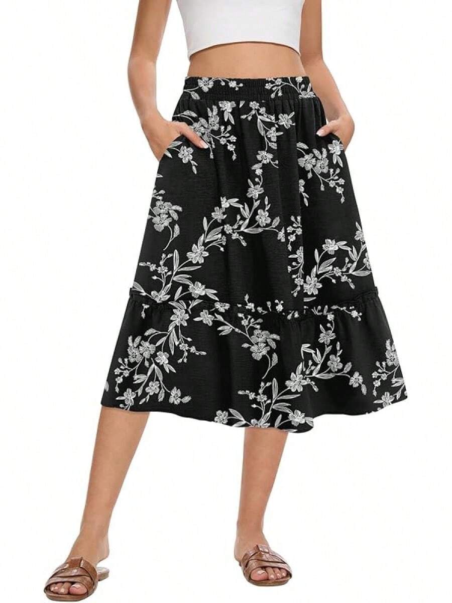 Women's High Waist Midi Skirts Summer Flowy Tiered Skirt With Pockets,Designed Women And Teenagers. - 白花黑 - 查看 1