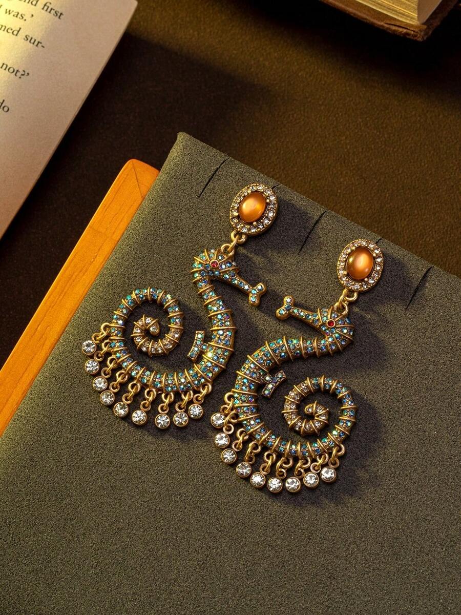 Vintage Seahorse Earrings With Colorful Rhinestones, Elegant Design Suitable For Party, Halloween & Christmas Gifts - Royal Blue - View 1
