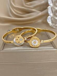 18K 镀金不锈钢浪漫金色月亮星星太阳花朵手镯镶嵌锆石，优雅可叠戴珠宝，适合女士和女孩，妈妈礼物，返校礼物，万圣节礼物，夏季旅行海滩珠宝，波西米亚风格珠宝，狂欢/舞会/派对/日常配饰，生日礼物