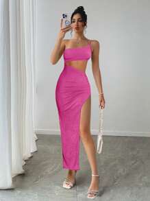 度假风格优雅无袖细肩带镂空露背拼接中长连衣裙，不对称绿色侧开衩吊带裙 - 玫紅色 - 查看 3