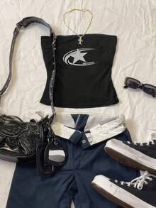 Top Sin Tirantes Ajustado Con Estampado De Estrellas, Adecuado Para el Verano - Negro - Ver 1