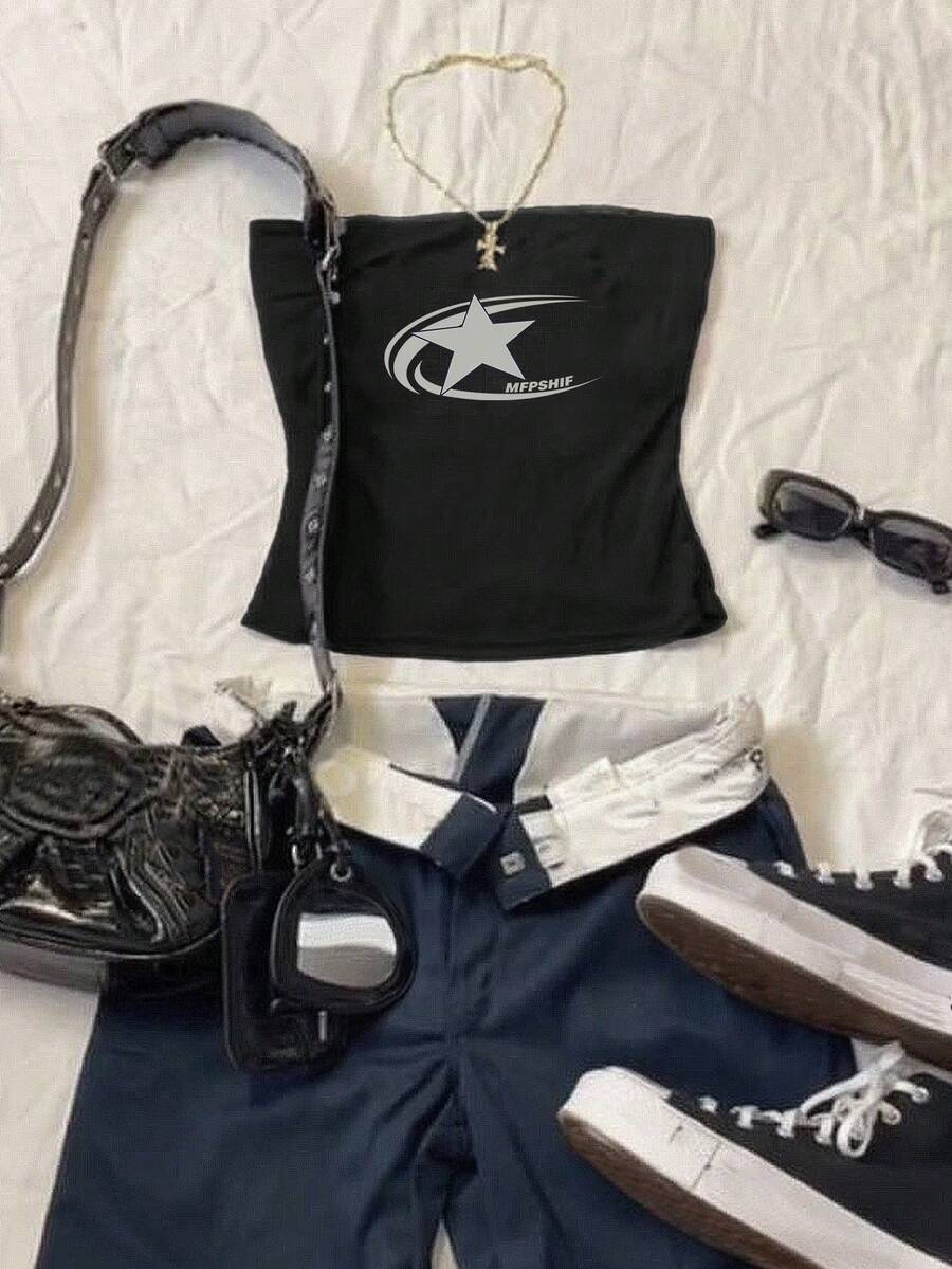 Top Sin Tirantes Ajustado Con Estampado De Estrellas, Adecuado Para el Verano - Negro - Ver 1