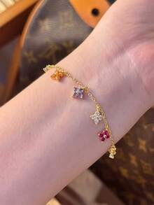 1 Stück minimalistisches, buntes Vier-Blatt-Blumen-Armband, 925er Sterlingsilber, elegantes Schmuckgeschenk für Frauen, Braut, Geburtstag, Date - Buntes vierblättriges Blumenarmband - Übersicht 5