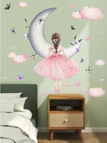 1 套梦幻蝴蝶女孩、仙女月亮蝴蝶花装饰墙贴，适用于卧室、玄关、家居，PVC 防水材料