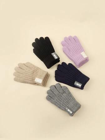 1 par de guantes de invierno esenciales versátiles para niños, de unicolor, gruesos y cálidos, con diseño de cara sonriente de punto