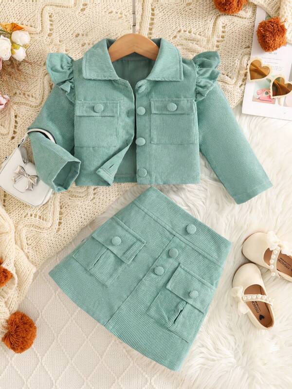 Toddler Girls' Casual Light Green Corduroy Ruffle Sleeve Set, Collared Top Paired With Playful Ruffle Hem Skirt, Vintage Button Decor, Suitable For Birthday Party, Preschool Events, Fashion Photoshoot, Back To School Season, Autumn/Winter