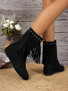 Women's Retro Thick Sole Elevator Mid-Calf Boots With Fringe & Rivet Decor, Autumn/Winter - Black - View 6