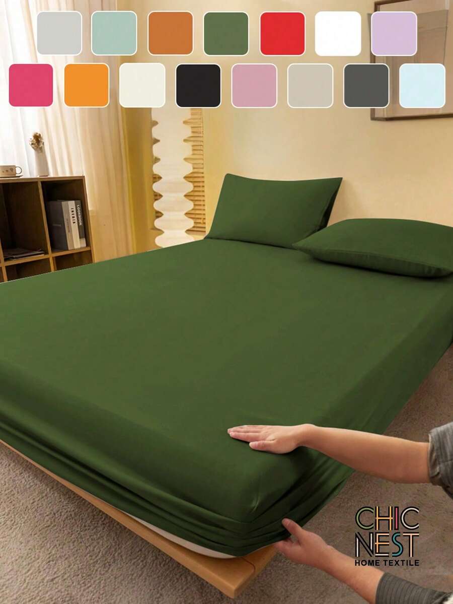 1pc Solid Color Green Fitted Sheet, Mattress Protector, Mattress Cover For Bed, Bed Sheet, Soft And Breathable, For All Size Bed -Twin, Full, King, Queen Size Sheet Deep Pocket Up To 11.8 Inch Home Textile