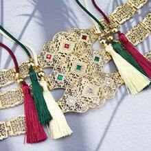 1 pièce Ceinture de femme de couleur or, chaîne de taille de bijoux de mariage arabe robe marocaine avec glands - ceinture en corde dorée - Voir 14