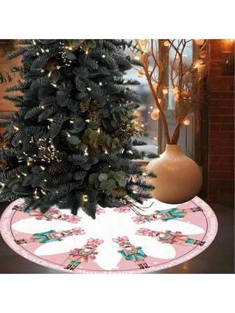 1pc/260pcs Christmas Tree Skirt, Pink Bow & Nutcracker Soldier Pattern Carpet, Suitable For Indoor & Outdoor Floor Decor, Christmas Atmosphere Tree Skirt, Christmas Family Gathering Party Floor Carpet, Decorate Tree Base, Fit For Christmas Scene Arrangement, Holiday Atmosphere Decor, Living Room Christmas Tree Arrangement, Holiday Party Scene, Home Christmas Decoration, Create Sweet Christmas Vibe
