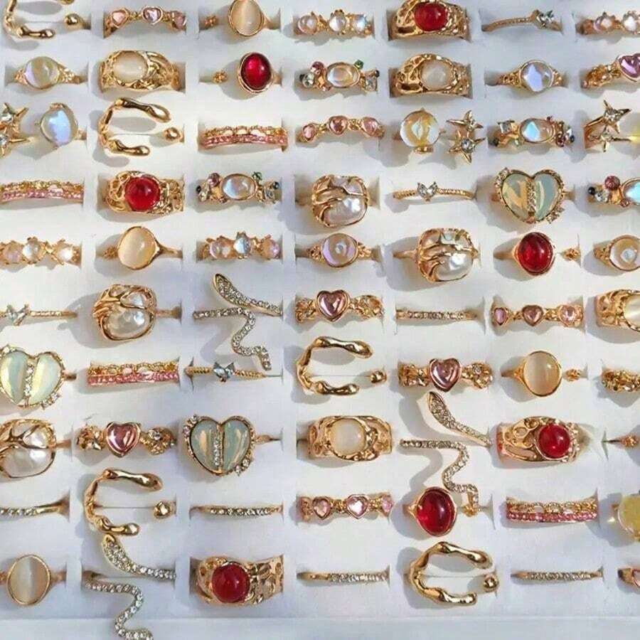 10 件套优雅粉色合成心形蝴蝶戒指套装，混合风格时尚可调节手指饰品，女士派对礼物