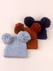3pcs Baby Kids Knitted Double Pom-Pom Earflap Beanie Hats, Thin Warm Solid Color Versatile Knit Caps For Spring Autumn Winter - 彩色 - 查看 6