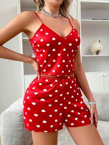 2pcs Pajama Set, Women's Sexy Camisole & Shorts, All-Over Print, Heart Decor, Casual Summer Sleepwear, Summer Outfit, Cute Pajama Top, 2pcs Set, Homewear, Back To School, Outfit, Christmas