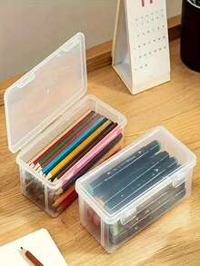 1PC大型透明PP收纳盒带盖，轻巧，未完成表面处理，用于办公和学校用品收纳盒，带钢笔，铅笔，记号笔，工艺品，桌面收纳，桌面展示盒，化妆品收纳盒 - 無色 - 查看 2