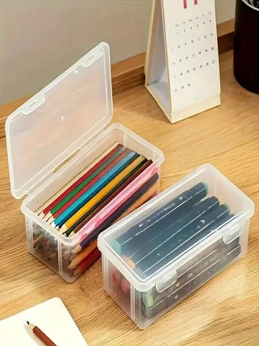 1PC大型透明PP收纳盒带盖，轻巧，未完成表面处理，用于办公和学校用品收纳盒，带钢笔，铅笔，记号笔，工艺品，桌面收纳，桌面展示盒，化妆品收纳盒