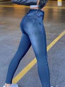 Womens Classic High Waisted Skinny Stretch Curvy Butt Lifting Jeans Slim Fit Denim Pants - 中等水洗藍 - 查看 2