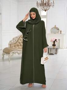 两件套 Nida 面料饰边设计头巾 + 长袍，服装套装，舒适日常穿着，适合女性春季穿着。 - 彩色 - 查看 3