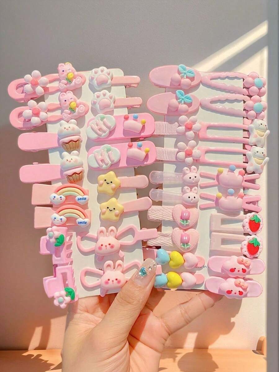 20pcs Cute Flower, Animal And Fruit Hair Clips, Suitable For Children, Pink Cute, Korean Sweet Daily Hair Clips, Back To School Essential, Random Color - Multicolor - View 1