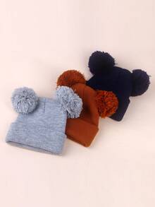 3pcs Baby Kids Knitted Double Pom-Pom Earflap Beanie Hats, Thin Warm Solid Color Versatile Knit Caps For Spring Autumn Winter - 彩色 - 查看 5
