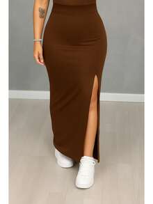Women's Long Slit Skirt - 鏽棕色 - 查看 1