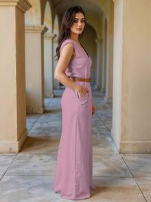 Palazzo Elegante Con Escote Cruzado Cintura Ajustada Con Cinturón Pantalón Recto Amplio Para Eventos Casuales o Formales Prenda Femenina Moda - Palo de rosa - Ver 2