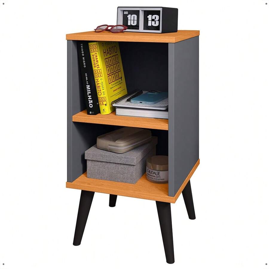 Mesa De Cabeceira Livreiro Pequena Retro Varias Cores Charme - Cinza/Nature - Visão 1