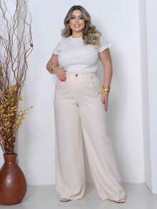 Plus Size Elegant Formal Pants With Zipper And Pockets - 白色 - 查看 3