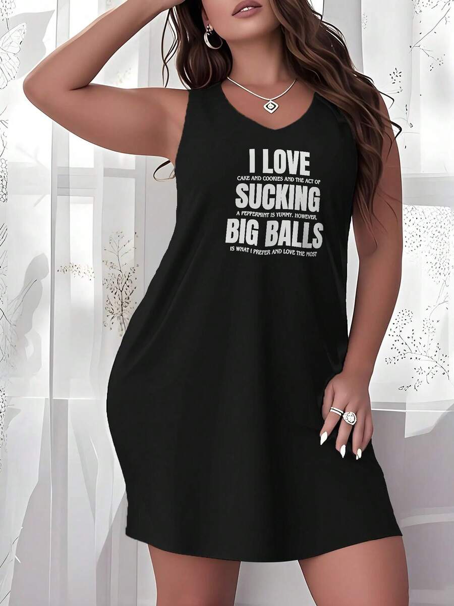 Plus Size Womens Cozy Casual Sleep Dress - Soft Slight Stretch Nightdress With I Love Sucking Big Balls (2) Print Crew Neck - Perfect For All-Season Comfortable Sleepwear - 黑色 - 查看 1