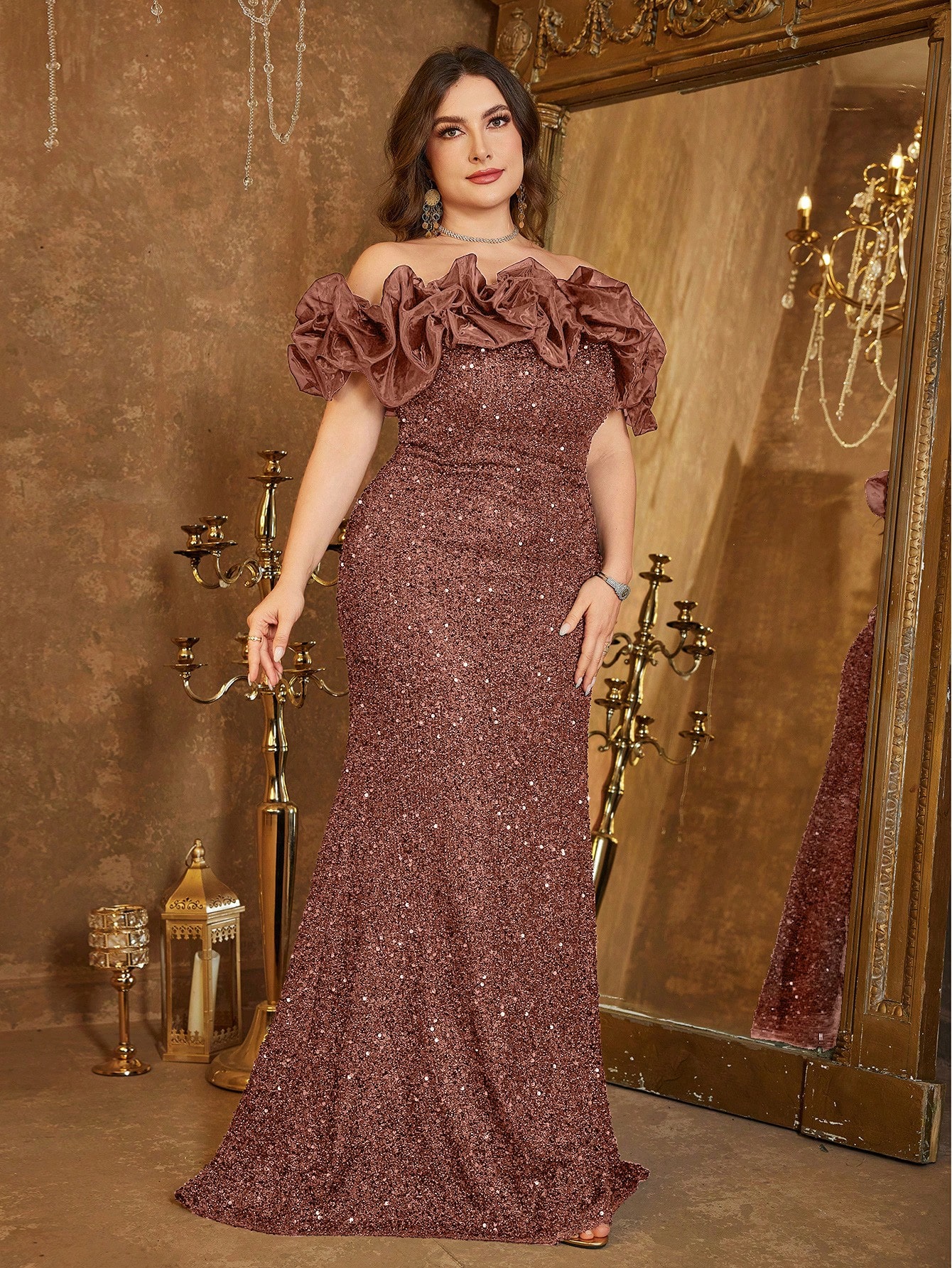 فستان سهرة من أنيق، أكتاف متدلية مزخرف بالشبك والل...