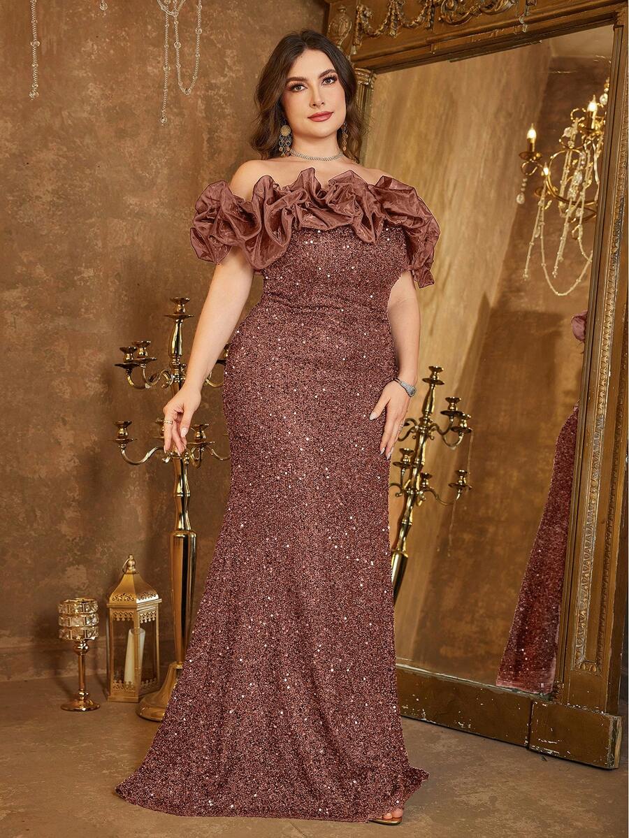 Elisanya UNITHORSE Rochie elegantă cu umeri goi, din plasă, model paiete, spate decolteu, talie legată, mulată, rochie de petrecere, rochie de mireasă, ținute de ziua de naștere pentru femei, rochie de absolvire, rochie formală, haine de toamnă pentru femei