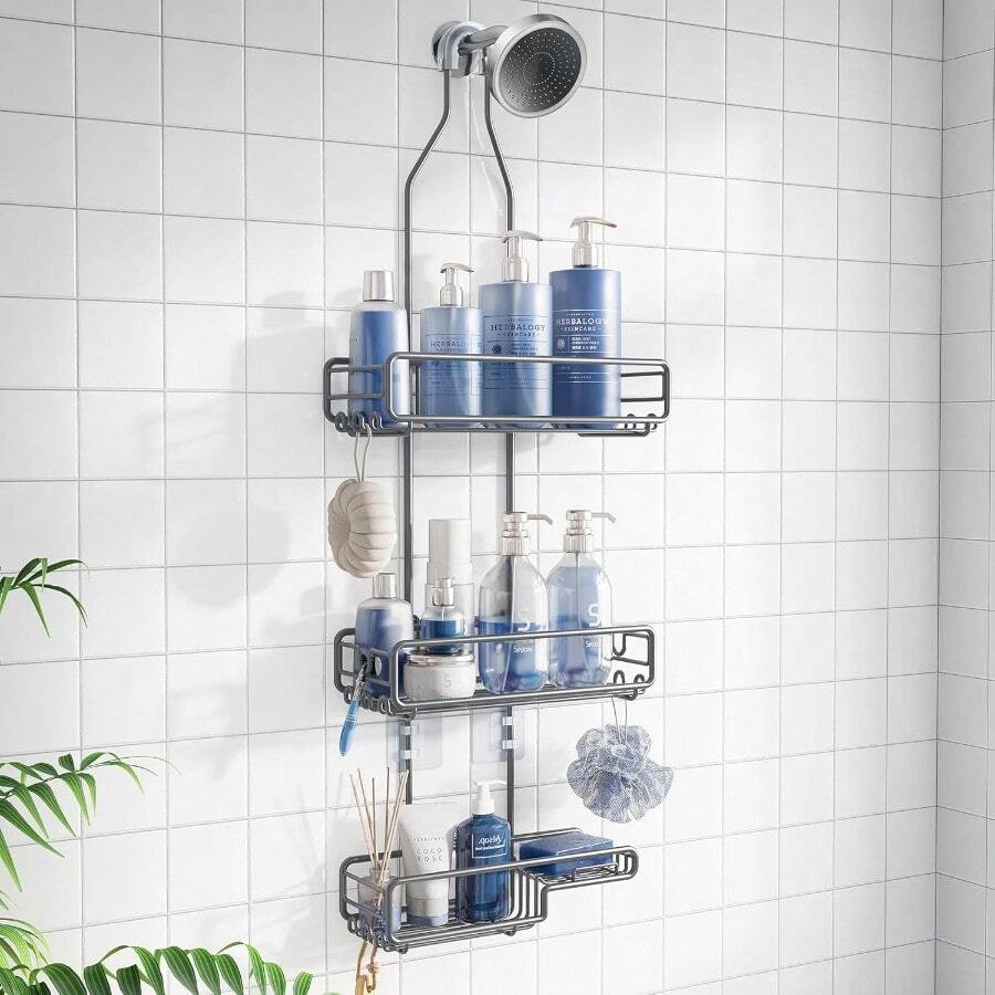 Shower Caddy Hanging Bathroom Organizer: Over Head Adjustable Rack For Tall Showerhead Extra Large Storage Shelf For Big Shampoo Bottles With Soap Holdergift - 灰色 - 查看 1