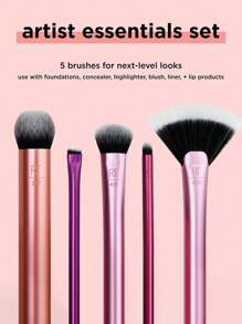 Real Techniques 艺术家必备化妆刷套装，适用于粉底、腮红、高光、眼影和眼线，专业化妆工具，合成刷毛，纯素且无动物实验，5 件套，化妆刷套装，化妆刷套装，化妆刷套装，全套化妆工具，化妆刷套装，全套化妆工具，化妆刷套装，化妆刷套装，化妆礼盒套装 - 玫紅色 - 查看 2