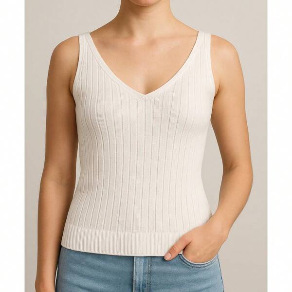 Regata Feminina Canelada Decote V Tricot Moda Tricô de malha