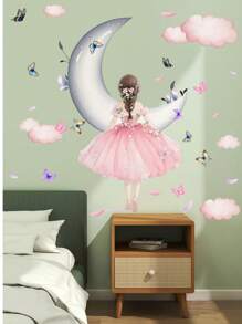 1 套梦幻蝴蝶女孩、仙女月亮蝴蝶花装饰墙贴，适用于卧室、玄关、家居，PVC 防水材料