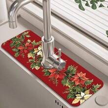 1pc/90pcs Winter, Poinsettia Flowers Printed Faucet, Water-Absorbing Drying Mat, Retro Coffee Water-Absorbing Quick-Drying Mat, Rubber-Based Toilet And Kitchen Countertop Faucet Water-Absorbing Drying Mat, Suitable For Faucets Used In Offices, Commercial Farms And Homes, Decorative Store Kitchen Decorations