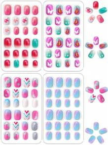 NAIO 96pcs/Set Kids Press On Nails Acrylic False Nails Pre-Glued Full Cover Glitter Cute Gradient, Five-Pointed Star, Butterfly, Unicorn And Other Elements Short Children's Stick-On False Nails Set For Kids Little Girls - Cute Spring And Summer Gradient Butterfly Theme