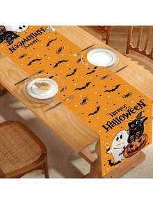 1/270 Stücke 30*180cm Halloween Geist, Schwarze Katze, Kürbis Muster Polyester Tischläufer - orangener Hintergrund, Fröhliches Halloween, Fledermäuse, Spinnen und Kürbis Dekoration, geeignet für Halloween Party, Zuhause Zusammenkünfte, Tischdekoration, Feiertags Dekoration
