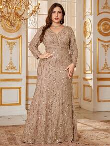 UNITHORSE Women Plus Size Formal & Evening Elegant V-Neck Sequin Long Sleeve Pleated Front Waist Fitted Sparkly Long Dress, Bride Dress, Birthday Women Outfits, Graduation Dress, Fall Women Clothes - 香檳色 - 查看 1