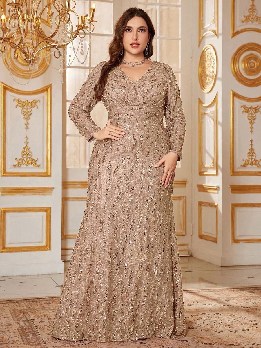 UNITHORSE Women Plus Size Formal & Evening Elegant V-Neck Sequin Long Sleeve Pleated Front Waist Fitted Sparkly Long Dress, Bride Dress, Birthday Women Outfits, Graduation Dress, Fall Women Clothes - 香檳色 - 查看 1