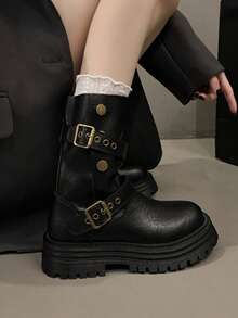 2025 New British Style Women's Boots, Retro Mid-Calf Boots, Thick Sole Black Short Boots, Suitable For Spring And Autumn