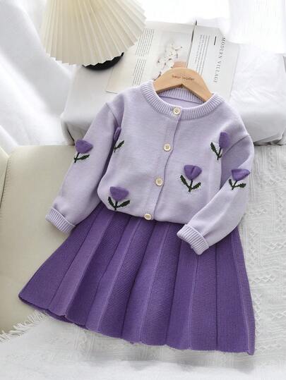 2pcs/Set Young Girl Cute Long Sleeve Fruit Print Top And Pleated Skirt Set, Autumn/Winter