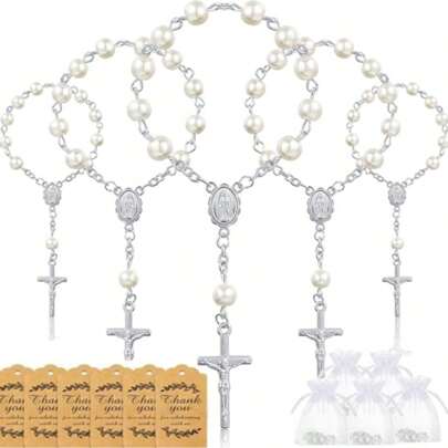 30 Sets de Recuerdos de Bautizo - Mini Rosarios, Cuentas de Rosario de Bautizo con Perlas Falsas y Cruz, Tarjetas con Salmos y Bolsas de Organza en Color Marfil, Tarjetas de Felicitación para Baby Shower, Regalos Cristianos