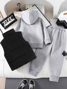 青少年男孩字母图案连帽衫和裤子套装（含衬垫背心） - 灰色 - 查看 2