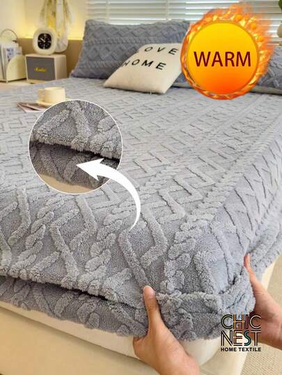 1 件浅灰色毛绒天鹅绒床笠温暖簇绒波西米亚条纹图案柔软纯色毛绒床笠特大号双人床尺寸，奢华超柔软舒适床单，带 12 英寸深口袋，适合秋冬和春季，无枕套
